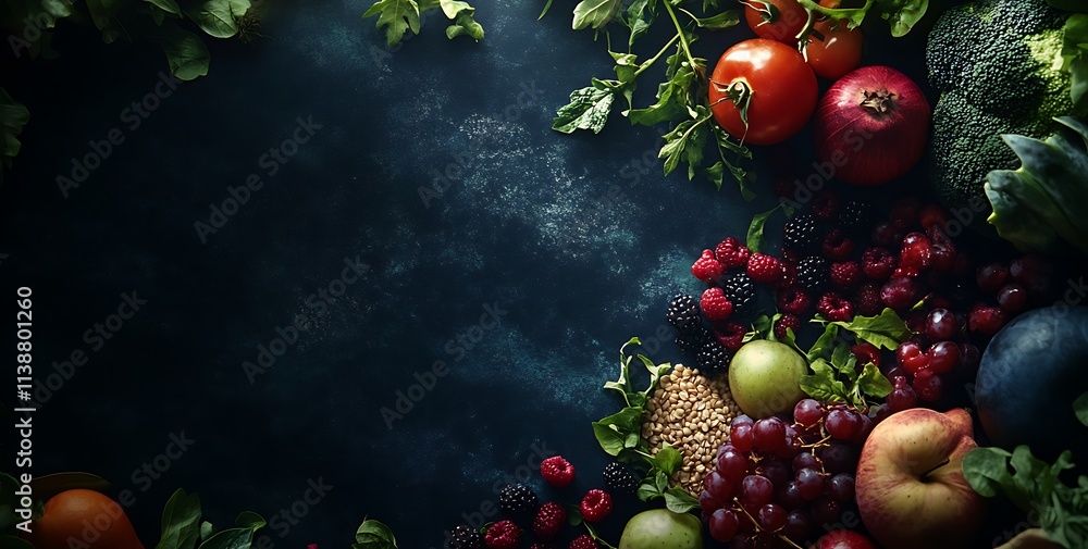Fresh fruits, vegetables, and grains artfully arranged on a dark background with space for text Fresh fruits, vegetables, and grains artfully arranged on a dark background with space for text