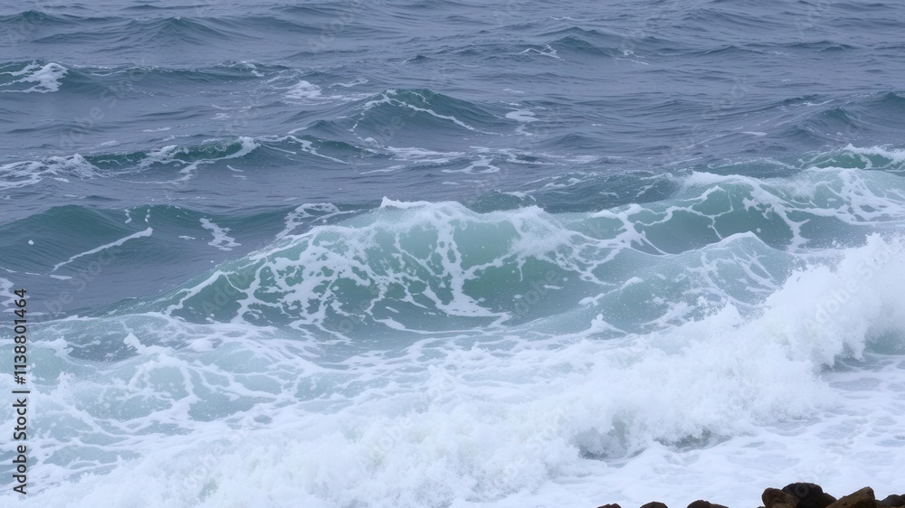 A powerful ocean wave crashing against the rocky shore, showcasing its raw energy and intensity, force, motion A powerful ocean wave crashing against the rocky shore, showcasing its raw energy and intensity, force, motion