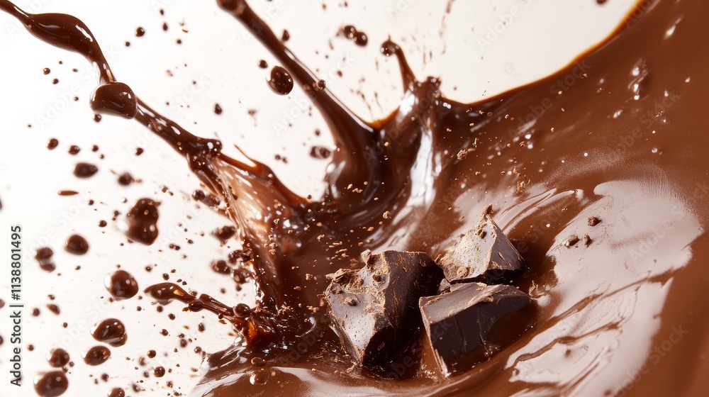 Pieces of dark chocolate fall into a glass of cocoa drink creating a beautiful splash. Pieces of dark chocolate fall into a glass of cocoa drink creating a beautiful splash.