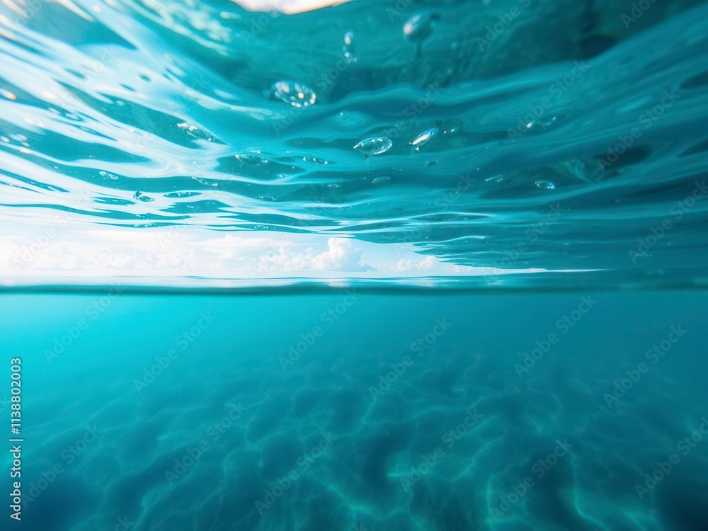 Fototapeta premium Beautiful blue ocean water surface with sunlight shining through the clouds, revealing the underwater world below, serene, tropical