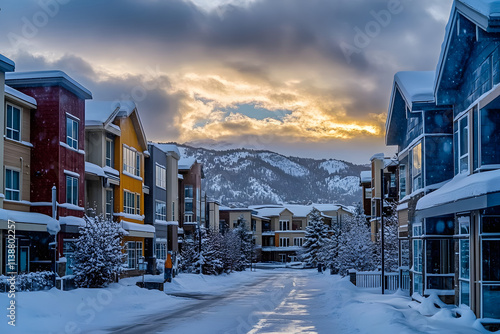Avon, Colorado small town Mountain Village in winter snow view of Rocky Mountains and modern apartment architecture by Vail