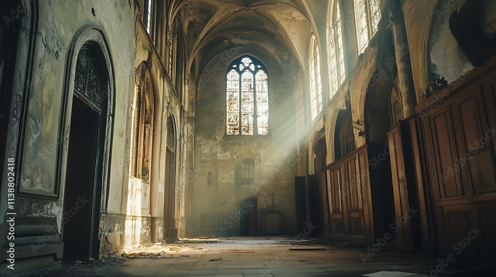 Fototapeta premium Abandoned Church Interior, Sunlight Rays. Concept of History, Decay, and Spirituality.