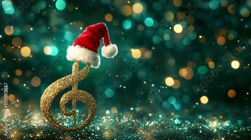 Festive Golden Treble Clef with Santa Hat  Christmas Music Background