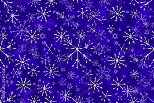 Winter's Night Sparkle: Elegant white snowflakes dance on a rich indigo blue background, creating a seamless pattern perfect for winter holidays or festive designs. 