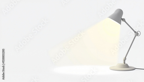 Minimalistic white desk lamp shining light on white background