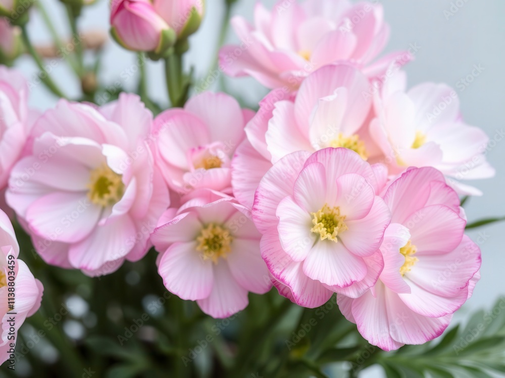 Close-up of elegant pink and white ranunculus flowers blooming in a garden, petals, elegant, beautiful Close-up of elegant pink and white ranunculus flowers blooming in a garden, petals, elegant, beautiful