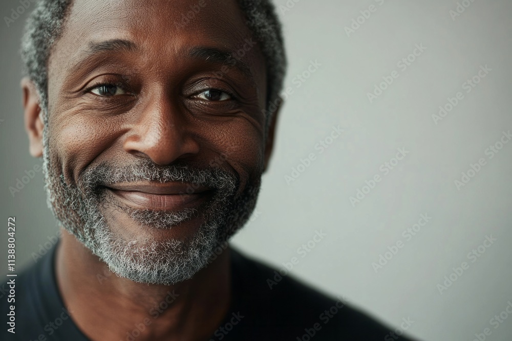 Warm smile of a mature man illuminated by soft light in a serene indoor setting, capturing a moment of joy and wisdom Warm smile of a mature man illuminated by soft light in a serene indoor setting, capturing a moment of joy and wisdom