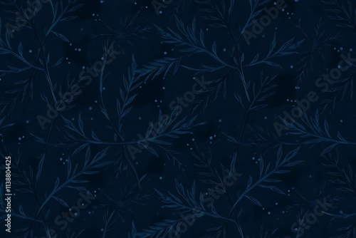 Wallpaper Mural Midnight Bloom: A delicate pattern of midnight blue leaves and tiny white dots, perfect for adding a touch of elegance and sophistication to your designs.    Torontodigital.ca