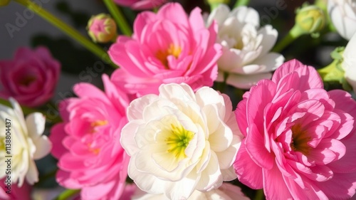 Close-up view of vibrant pink and white ranunculus flowers with delicate petals and green stems in natural lighting, ranunculus, white, close-up