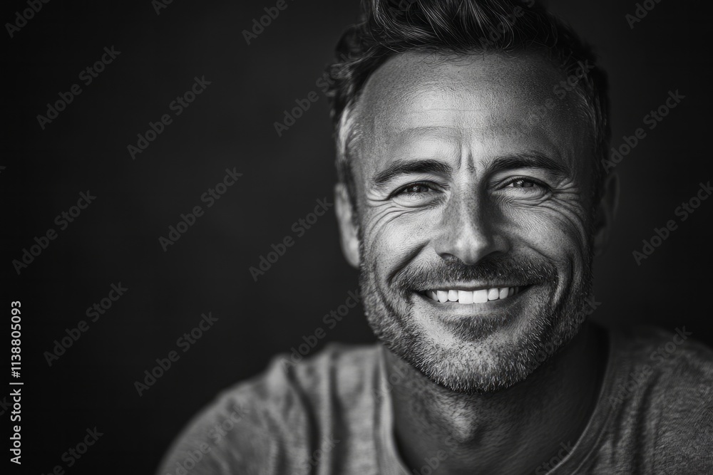 Captivating smile of a middle-aged man radiating warmth and confidence in a soft-lit studio setting during an intimate portrait session Captivating smile of a middle-aged man radiating warmth and confidence in a soft-lit studio setting during an intimate portrait session