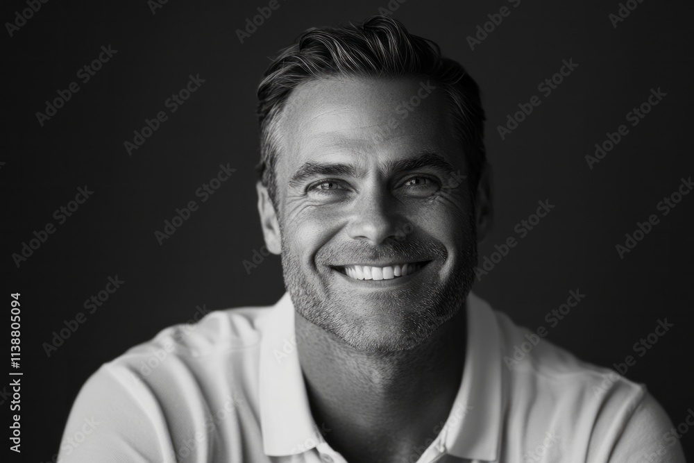Obraz premium Smiling man exudes warmth and confidence in a monochrome setting while wearing a casual white shirt and captivating viewers with his charming demeanor