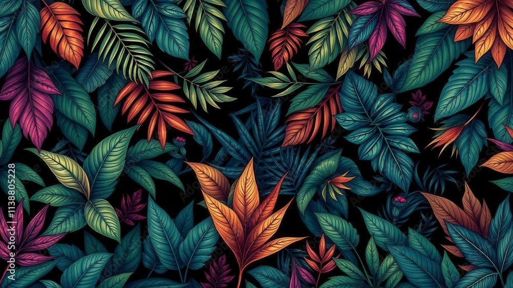 Dark and eerie seamless pattern featuring exotic leaves in a stylish and modern design, background, print Dark and eerie seamless pattern featuring exotic leaves in a stylish and modern design, background, print