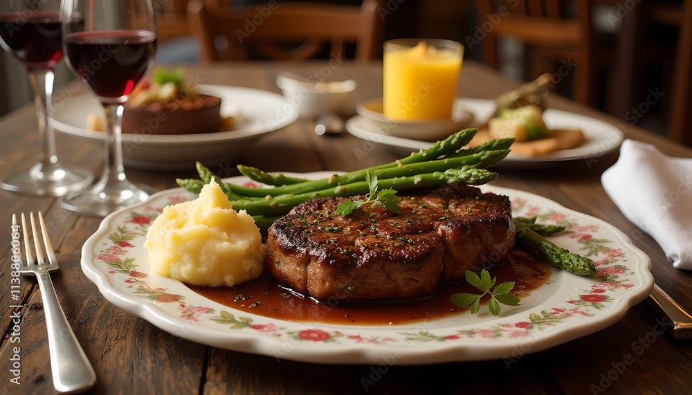 Steak with mashed potatoes, asparagus, and red wine on table Steak with mashed potatoes, asparagus, and red wine on table