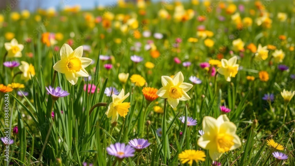 Field of vibrant daffodil flowers under a clear blue sky with soft sunlight shining through, grass, flowers, sunlight Field of vibrant daffodil flowers under a clear blue sky with soft sunlight shining through, grass, flowers, sunlight