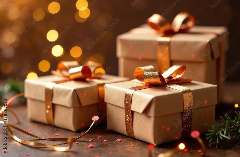 Christmas and New Year gift elegantly wrapped in mocha mousse paper with festive ribbon and warm bokeh lights. festive greeting card, holiday marketing, gift-giving Christmas and New Year gift elegantly wrapped in mocha mousse paper with festive ribbon and warm bokeh lights. festive greeting card, holiday marketing, gift-giving