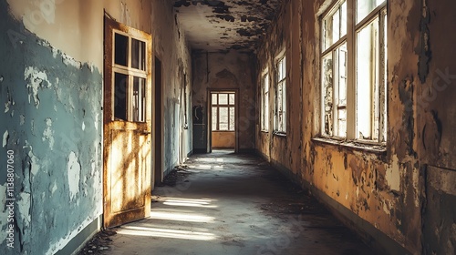 Abandoned corridor, decaying building. Concept of neglect, ruin, and forgotten history.