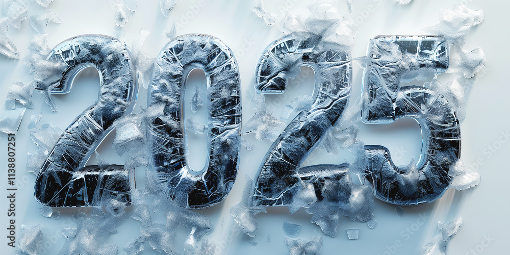 Silver metal numbers 2025 among ice cubes symbolize the beginning of a new year Silver metal numbers 2025 among ice cubes symbolize the beginning of a new year