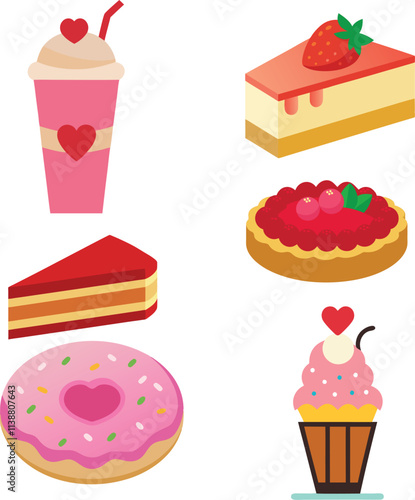 Valentine's day sweets set - marshmallow, hard candy, dragee, cake pop, jelly, peppermint candy, chocolate cookies, cupcakes vector illustration.on white.
