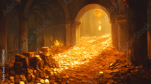 A vast treasure trove of gold coins fills a cavernous chamber, bathed in warm, ethereal light. Cavernous. Illustration photo