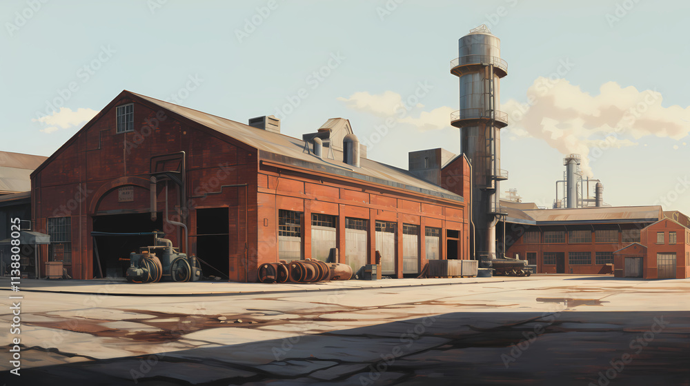 Fototapeta premium Cobalt panoramic shot of red brick warehouses in the port