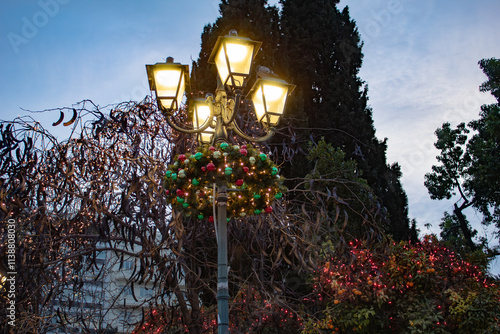 Ancient lantern on the Christmas square in Greece, the city of Athens