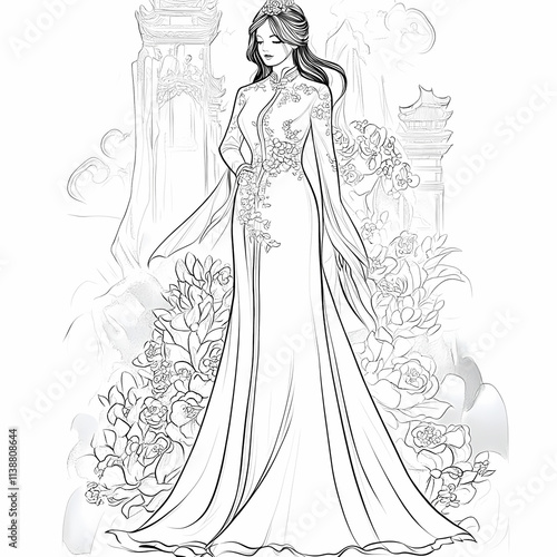 Bride in wedding dress with flowers drawn black and white 