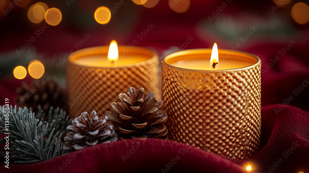 Two candles are lit on a red cloth with pine cones. The candles are in a gold colored holder and the pine cones are on the cloth. Scene is warm and cozy, perfect for a holiday celebration Two candles are lit on a red cloth with pine cones. The candles are in a gold colored holder and the pine cones are on the cloth. Scene is warm and cozy, perfect for a holiday celebration