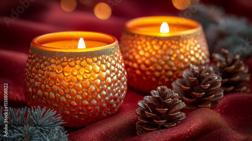 Two candles in gold colored glass containers are lit on a red background. The candles are surrounded by pine cones, creating a warm and cozy atmosphere