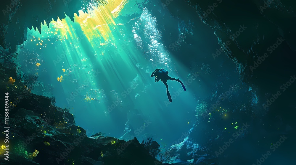 Majestic Underwater Scene with a Diver Exploring a Mysterious Cave Surrounded by Captivating Sunrays and Vibrant Coral Reefs in a Magical Ocean Environment Majestic Underwater Scene with a Diver Exploring a Mysterious Cave Surrounded by Captivating Sunrays and Vibrant Coral Reefs in a Magical Ocean Environment