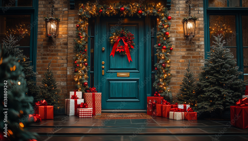 Fototapeta premium A blue door with a wreath and red ribbon on it. The door is decorated with Christmas lights and a wreath. There are several boxes of presents on the porch, and a few trees are also present