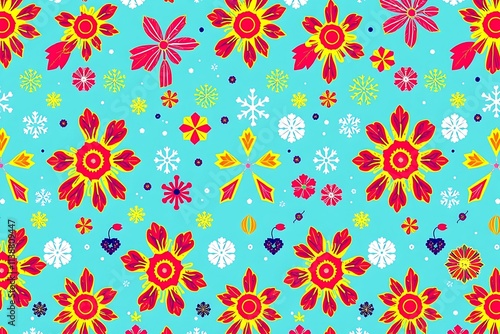 Vibrant Floral and Snowflake Pattern: A cheerful, seamless design featuring stylized flowers and snowflakes in bold, bright colors on a light blue background. Perfect for textile prints, wallpapers.