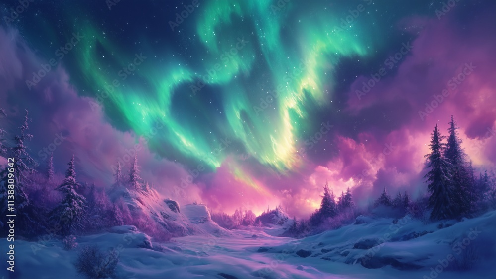 Fototapeta premium A mesmerizing aurora borealis lighting up a snowy landscape with dancing shades of green, purple, and pink, serene and otherworldly