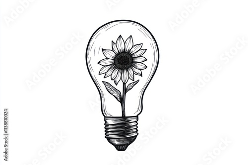 Hand-drawn sketch of a sunflower inside a light bulb, symbolizing eco-friendly energy and new ideas.