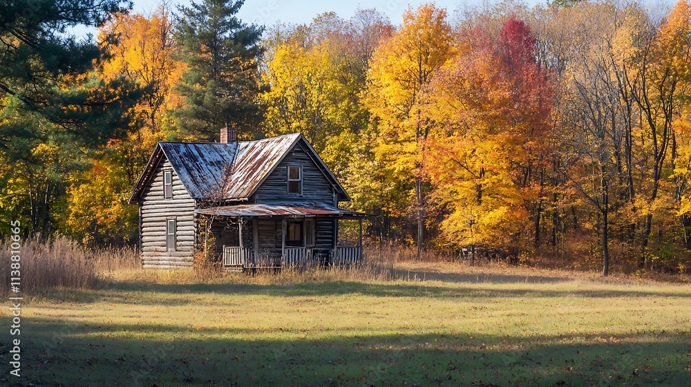 Abandoned farmhouse in autumn forest. Concept of solitude, nostalgia, and fall scenery. Abandoned farmhouse in autumn forest. Concept of solitude, nostalgia, and fall scenery.