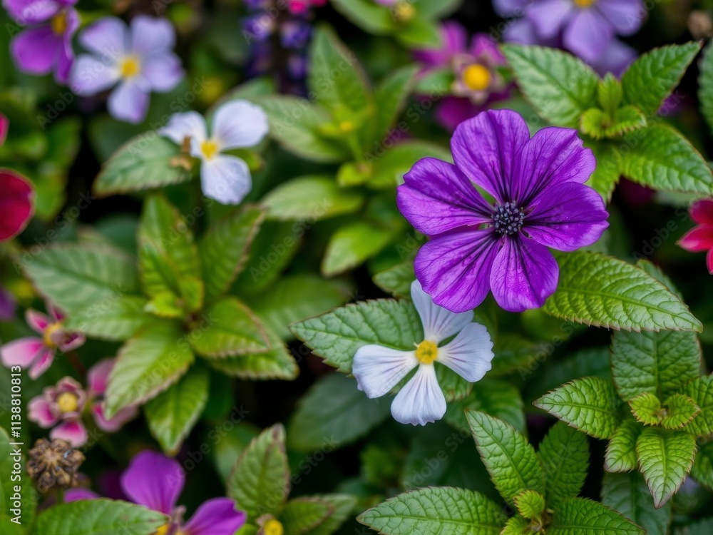 Vibrant purple flower petals and leaves, background, flora, plant Vibrant purple flower petals and leaves, background, flora, plant