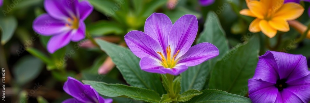 Vibrant purple flower petals and leaves in a close-up shot, botanical, leaf, natural Vibrant purple flower petals and leaves in a close-up shot, botanical, leaf, natural