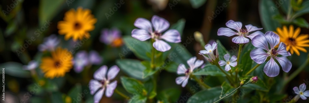 Vibrant purple flower petals and leaves close-up with soft focus, garden, flora Vibrant purple flower petals and leaves close-up with soft focus, garden, flora