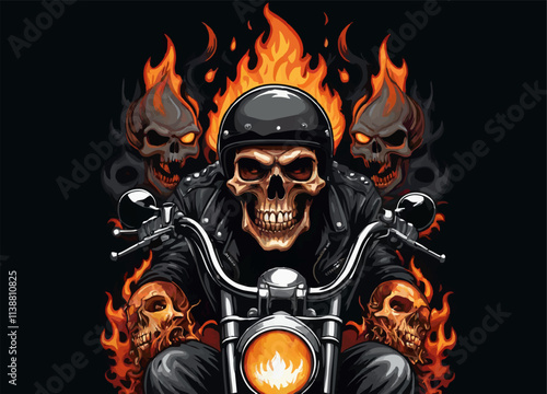 Vector t-shirt design with biker with human skull
and fire on black background.
Fashionable print for fabric, paper, men clothing,
hoodie, biker jacket. T shirt template with flame.