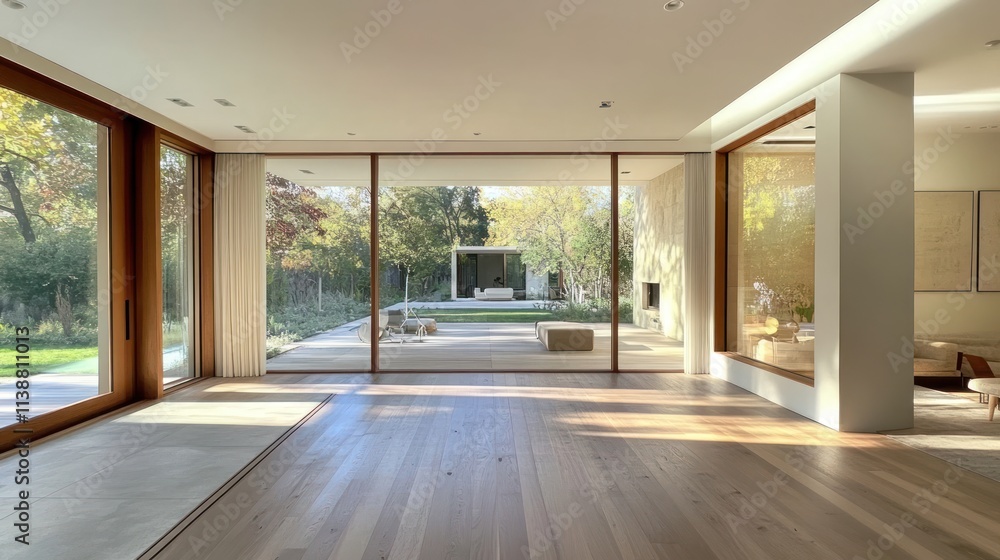 Obraz premium Modern home interior with large windows showcasing a tranquil backyard.