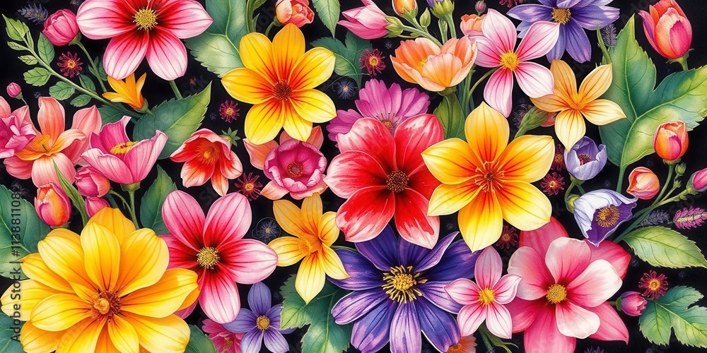 Vibrant watercolor illustration of various flowers in bloom, beautiful, nature, artistry Vibrant watercolor illustration of various flowers in bloom, beautiful, nature, artistry