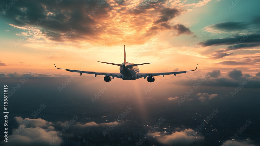 Naklejka premium Airplane Above Clouds at Sunset. Concept of Travel, Adventure, and Freedom.