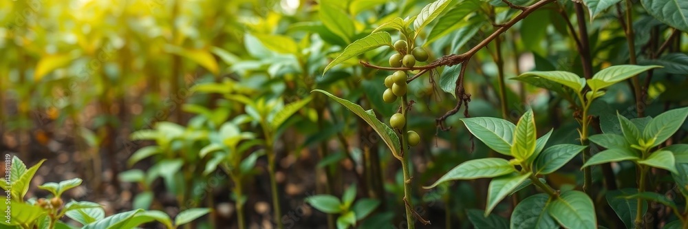 Young coffee bean seedlings growing in a beautiful green nature background, trees, background Young coffee bean seedlings growing in a beautiful green nature background, trees, background