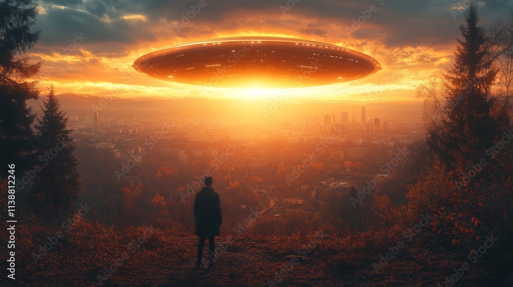 Fototapeta premium A man stands on a hill looking at a large, glowing object in the sky