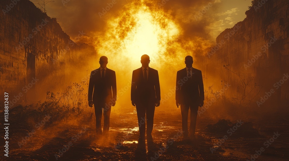 Fototapeta premium Three men in suits walking through a burning field