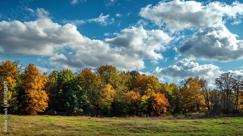 Autumnal Forest Landscape with Colorful Trees and Clouds. Scenic Fall Day.