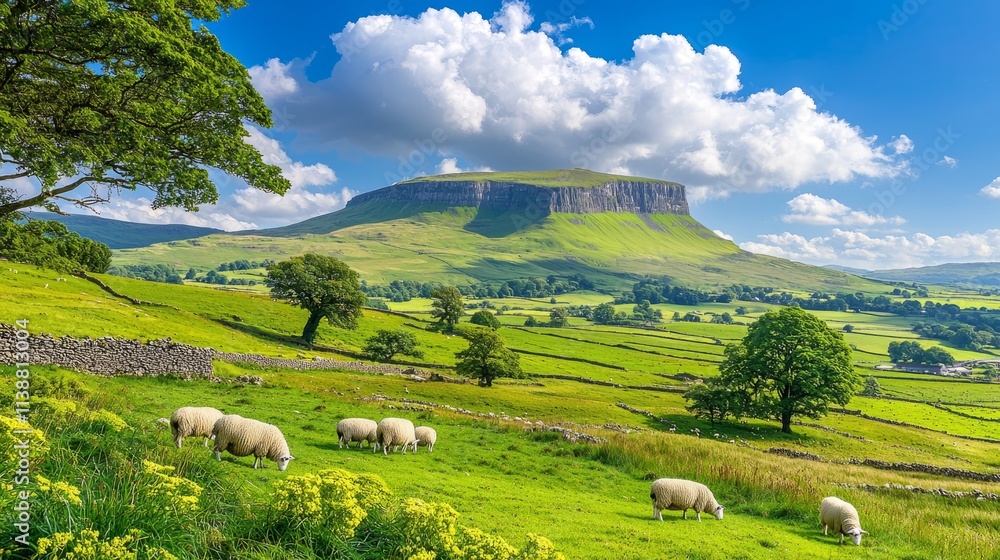 Obraz premium Scenic landscape featuring sheep grazing in lush green fields under a blue sky.