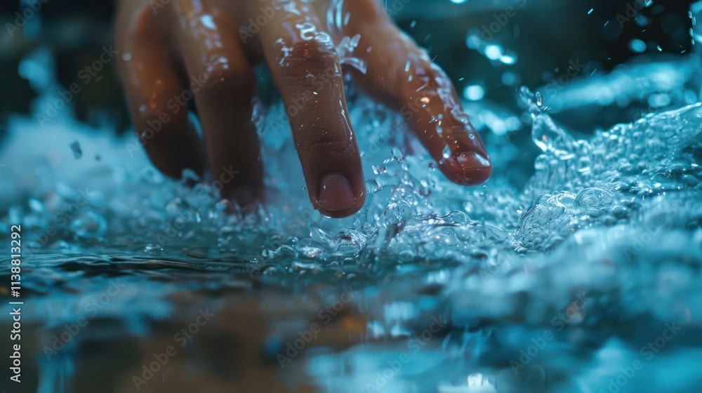 Fototapeta premium Hand splashing water with droplets in motion