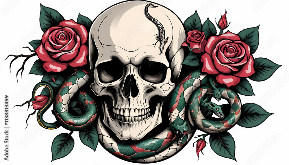 Fototapeta premium 3D Ai Digital illustration art tattoo logo design with Skull, Cobra snake, vibrant, roses, thorns, horns, digital art, danger, scary, horror, t-shirt, stickers, vintage, Isolated on white background 