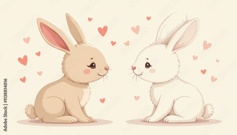 Two adorable rabbits share a moment of affection surrounded by hearts in a soft, pastel backdrop Two adorable rabbits share a moment of affection surrounded by hearts in a soft, pastel backdrop