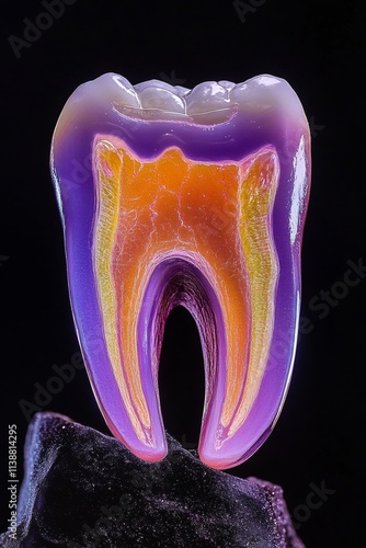 A detailed view showcases a cross-section of a tooth displaying vibrant colors in enamel and dentin layers. The design emphasizes the tooth's structure and texture, highlighted by unique lighting photo